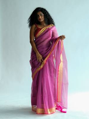 Suta Pink Solid Polyester zari Saree 1