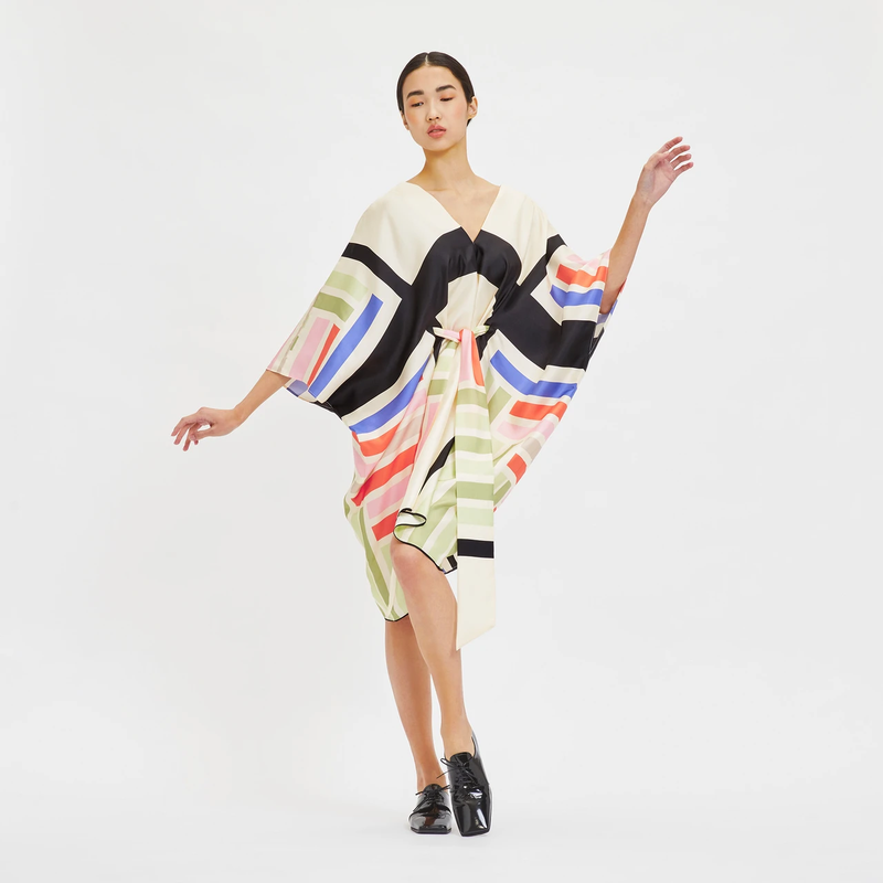 JSDC Beach Wear Belt Style Printed Soft Satin Silk Short Kaftan