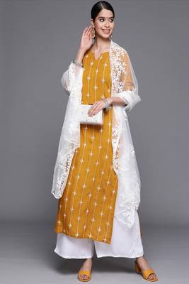 Jheenu Women's Mustard Rayon Embroidered Straight Fit Kurti plazo dupatta set 1
