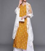 Jheenu Women's Mustard Rayon Embroidered Straight Fit Kurti plazo dupatta set