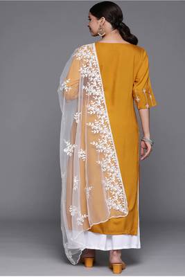 Jheenu Women's Mustard Rayon Embroidered Straight Fit Kurti plazo dupatta set 2