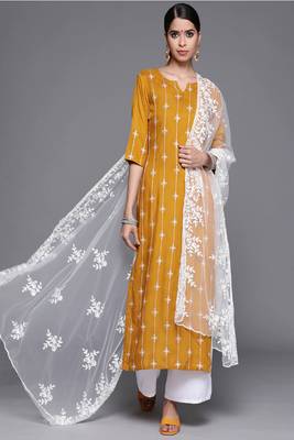 Jheenu Women's Mustard Rayon Embroidered Straight Fit Kurti plazo dupatta set 3