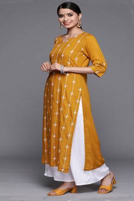 Jheenu Women's Mustard Rayon Embroidered Straight Fit Kurti plazo dupatta set 4