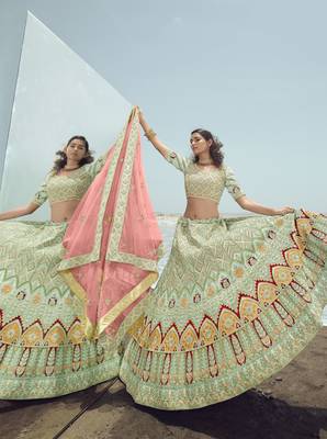 Enchanting Pista green dori, zarkan and thread embroidered georgette semi stitched wedding lehenga 2