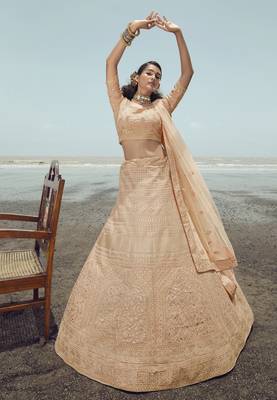 glamourous Peach gota and thread embroidered organza semi stitched bridal lehenga 1