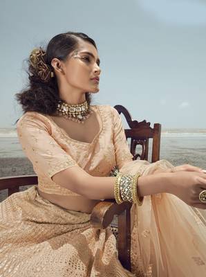 glamourous Peach gota and thread embroidered organza semi stitched bridal lehenga 3