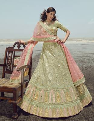 Glamorous Pista green gota, zarkan and thread embroidered organza semi stitched bridal lehenga 1