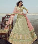 Glamorous Pista green gota, zarkan and thread embroidered organza semi stitched bridal lehenga