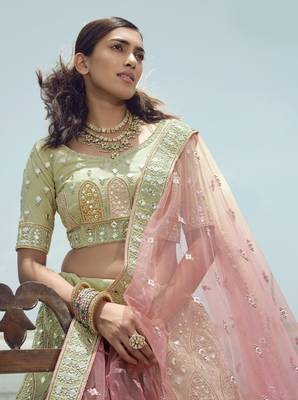 Glamorous Pista green gota, zarkan and thread embroidered organza semi stitched bridal lehenga 2