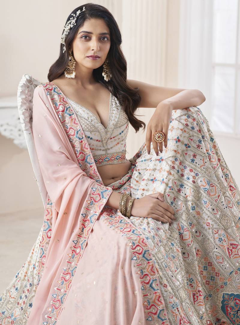 Appealing White embroidered georgette semi stitched bridal lehenga choli