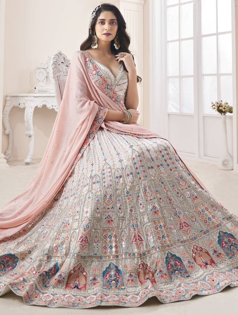 Appealing White embroidered georgette semi stitched bridal lehenga choli