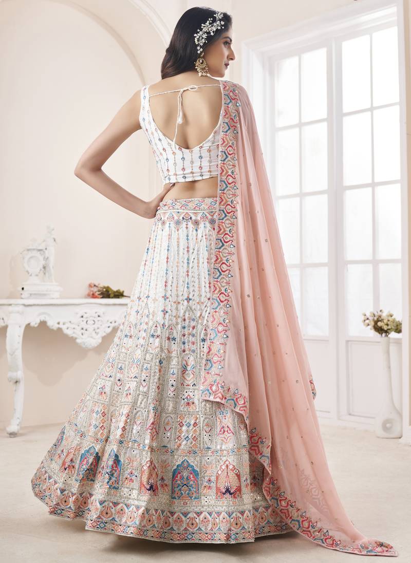 Appealing White embroidered georgette semi stitched bridal lehenga choli