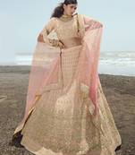 Dazzling Peach zari, zarkan and thread embroidered georgette semi stitched wedding lehenga