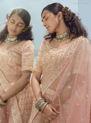 Dazzling Peach zari, zarkan and thread embroidered georgette semi stitched wedding lehenga 2