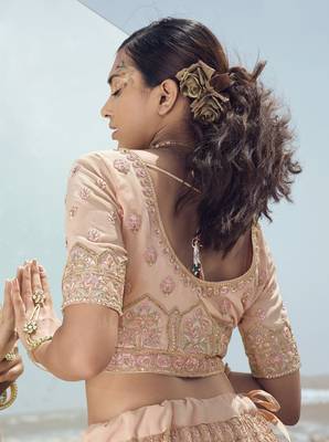 Dazzling Peach zari, zarkan and thread embroidered georgette semi stitched wedding lehenga 3