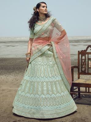 Irresistible Turquoise gota, zarkan and thread embroidered organza semi stitched party wear lehenga choli 1