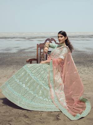 Irresistible Turquoise gota, zarkan and thread embroidered organza semi stitched party wear lehenga choli 2