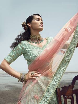Irresistible Turquoise gota, zarkan and thread embroidered organza semi stitched party wear lehenga choli 3