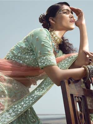 Irresistible Turquoise gota, zarkan and thread embroidered organza semi stitched party wear lehenga choli 4