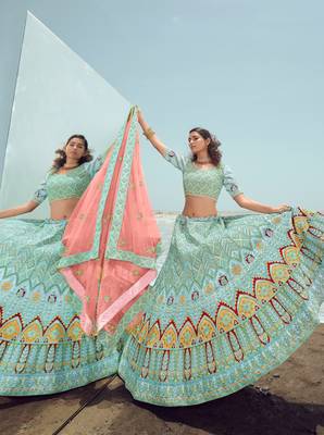 smashing Turquoise dori, zarkan and thread embroidered georgette semi stitched bridal lehenga 2