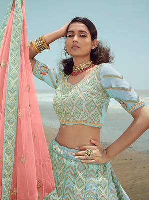 smashing Turquoise dori, zarkan and thread embroidered georgette semi stitched bridal lehenga 4