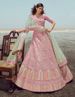 Graceful Pink gota, zarkan and thread embroidered organza semi stitched wedding lehenga 1