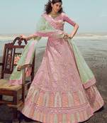 Graceful Pink gota, zarkan and thread embroidered organza semi stitched wedding lehenga