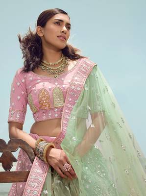 Graceful Pink gota, zarkan and thread embroidered organza semi stitched wedding lehenga 2