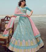 Charming Turquoise gota, zarkan and thread embroidered organza semi stitched party wear lehenga choli