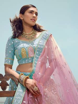 Charming Turquoise gota, zarkan and thread embroidered organza semi stitched party wear lehenga choli 2
