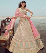 provocative Beige gota, zarkan and thread embroidered organza semi stitched designer lehenga