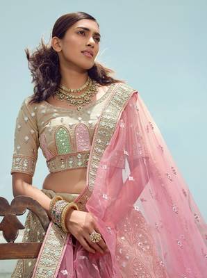 provocative Beige gota, zarkan and thread embroidered organza semi stitched designer lehenga 2