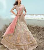 eye-catching Beige dori, zarkan and thread embroidered organza semi stitched wedding lehenga