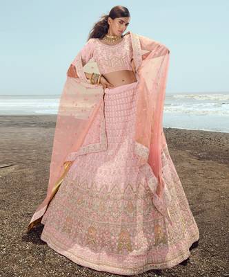 Alluring Pink zari, zarkan and thread embroidered georgette semi stitched party wear lehenga choli 1