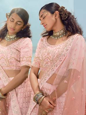 Alluring Pink zari, zarkan and thread embroidered georgette semi stitched party wear lehenga choli 2