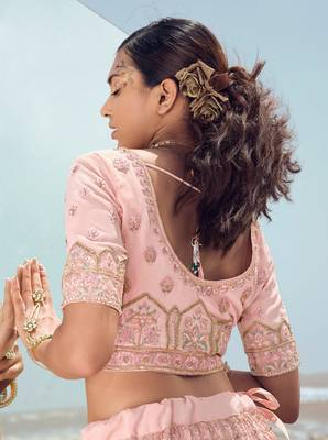 Alluring Pink zari, zarkan and thread embroidered georgette semi stitched party wear lehenga choli 3
