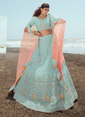 Ravishing Turquoise zari, zarkan and thread embroidered georgette semi stitched designer lehenga 1