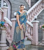 Cobalt Blue Woven Silk Blend Saree With Blouse