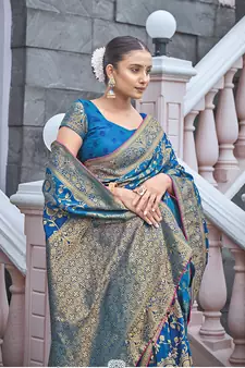 Cobalt Blue Woven silk blend Saree With Blouse