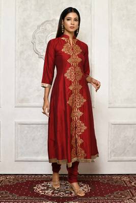 Maroon embroidered georgette stitched long Kurti 1