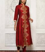 Maroon embroidered georgette stitched long Kurti