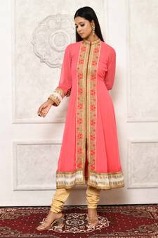 Light pink embroidered georgette stitched long Kurti