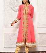 Light pink embroidered georgette stitched long Kurti