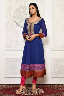 Blue embroidered georgette stitched  Kurti