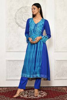 Blue embroidered georgette stitched  Kurti