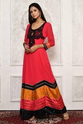 Red embroidered georgette stitched Long Kurti 1