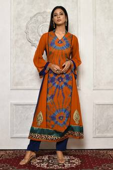 Mustard embroidered georgette stitched Long Kurti