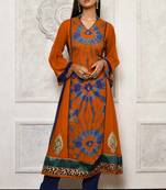 Mustard embroidered georgette stitched Long Kurti