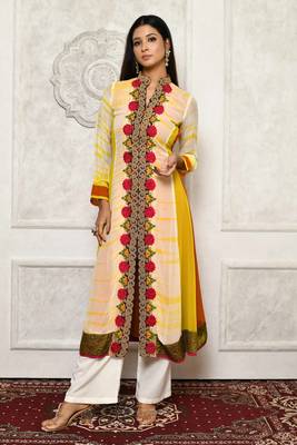 Yellow embroidered georgette stitched Long Kurti 1