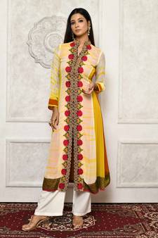 Yellow embroidered georgette stitched Long Kurti
